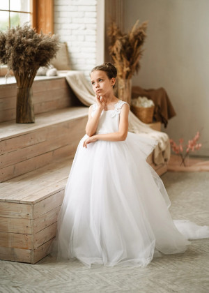 White Lace Tulle Wedding Flower Girl Dress